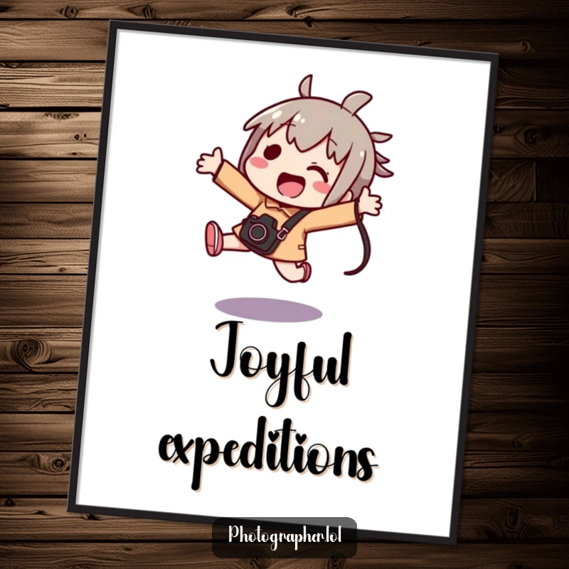 Funny digital art print of a kawaii character excitedly jumping while holding a camera bag, celebrating photography.