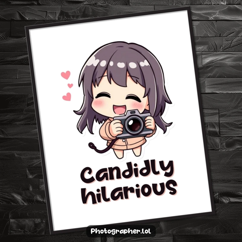 Funny digital art print of a character laughing and playfully tilting a camera, perfect for instant, humorous decor.