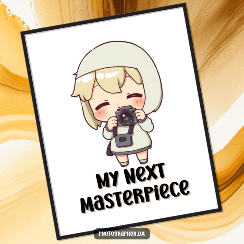 Funny digital art of a character adjusting a camera strap with an excited expression, conveying photographic anticipation.