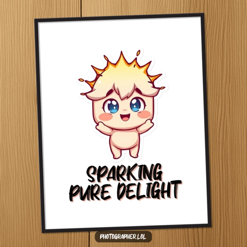 Funny digital art of a character with wide, joyful eyes reacting to a flash bulb explosion, full of fun.