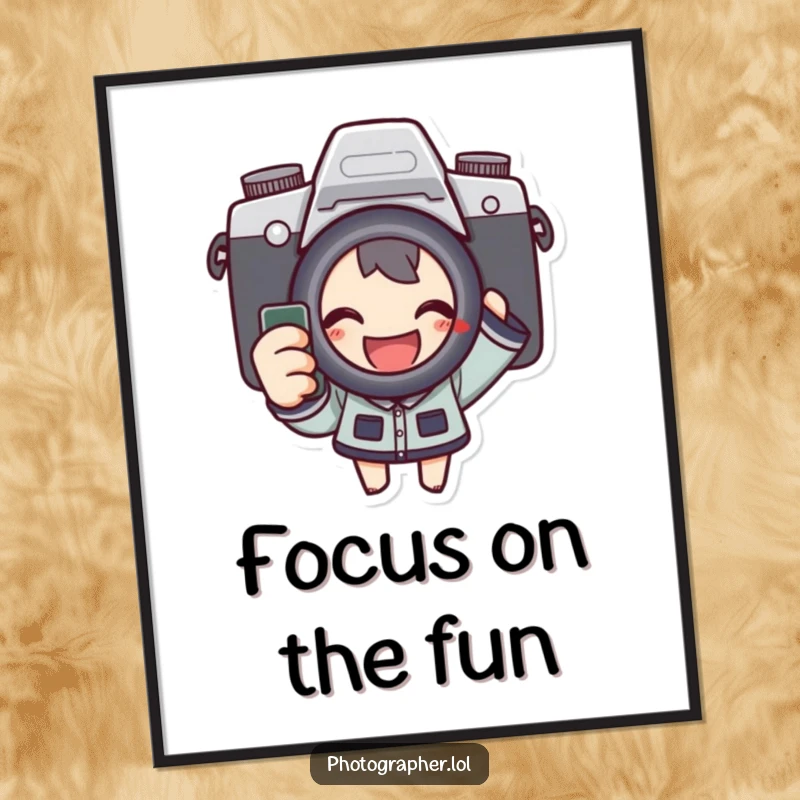 Funny digital art print of an enthusiastic character pressing a camera shutter, capturing the pure joy and excitement of photography.