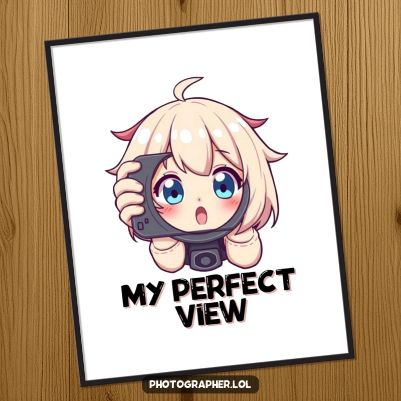 Funny digital art print of a character excitedly framing a shot, peeking through a viewfinder with wide eyes, humorous photography decor.