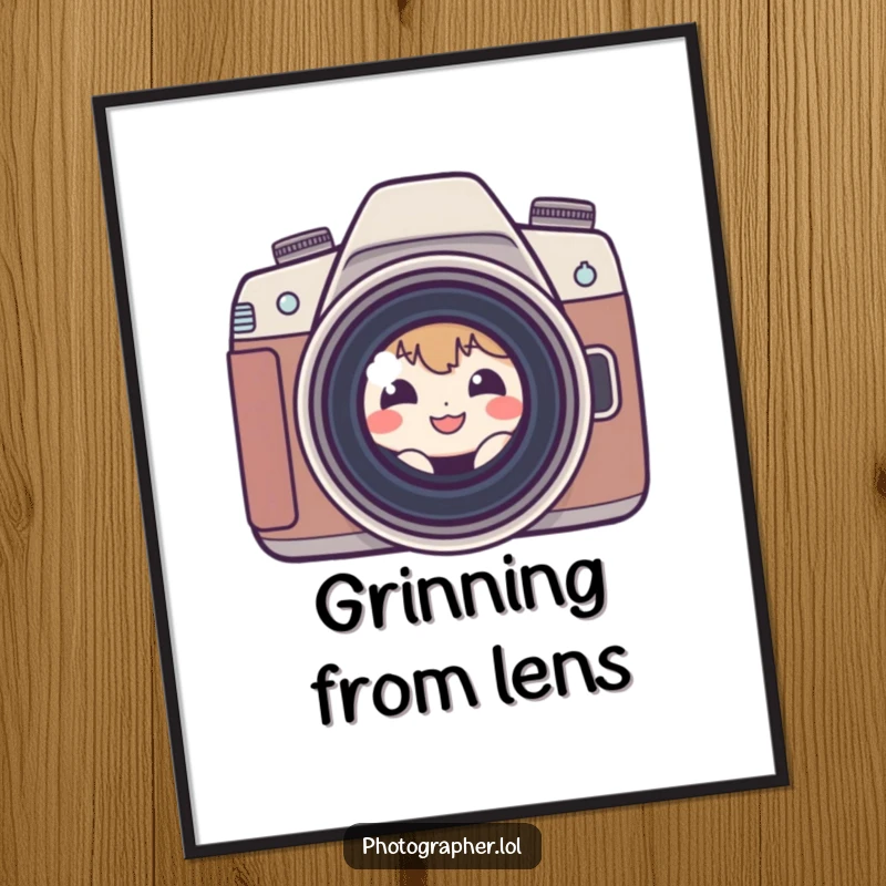 Funny shy photographer digital art print of a small character grinning from behind a camera lens, a humorous photography statement.