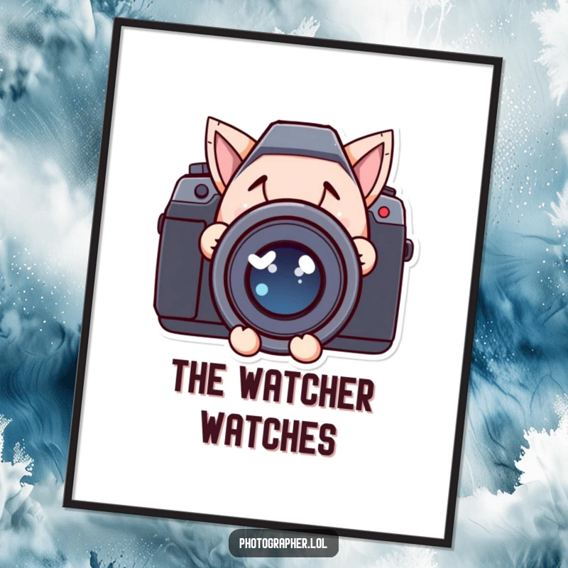 Funny digital art print of a character with a mischievous grin peeking from behind a large camera lens, for wall decor.