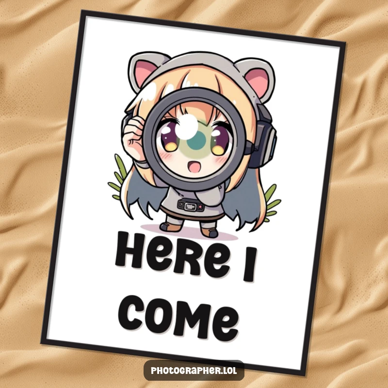 Funny digital art print of a character zooming in with a comically exaggerated lens, artistic focus.