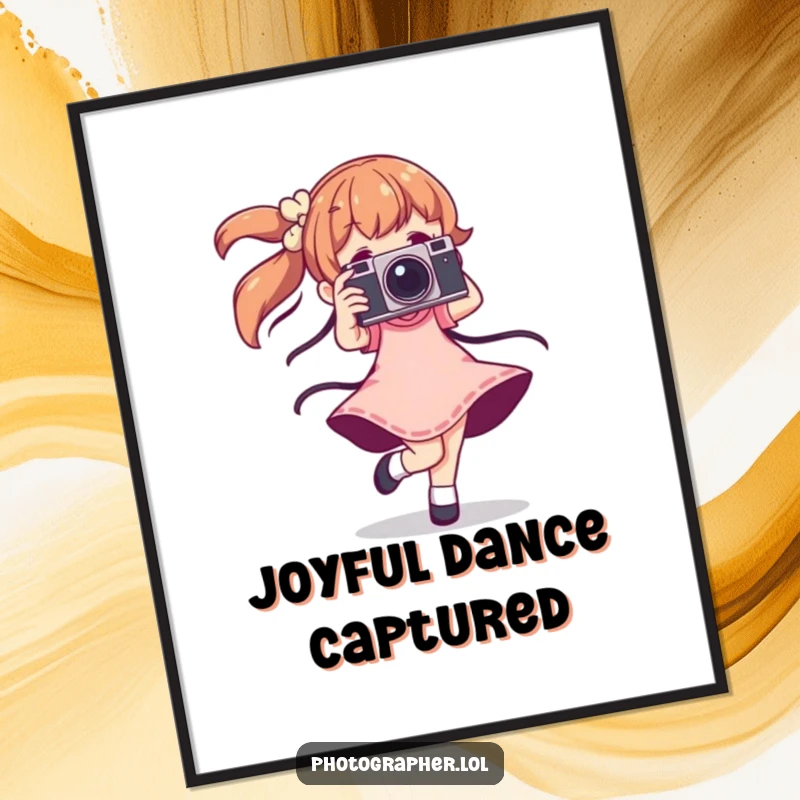 Funny dancing photographer digital art print of a character mid-twirl with a vintage camera, full of vibrant, humorous energy.