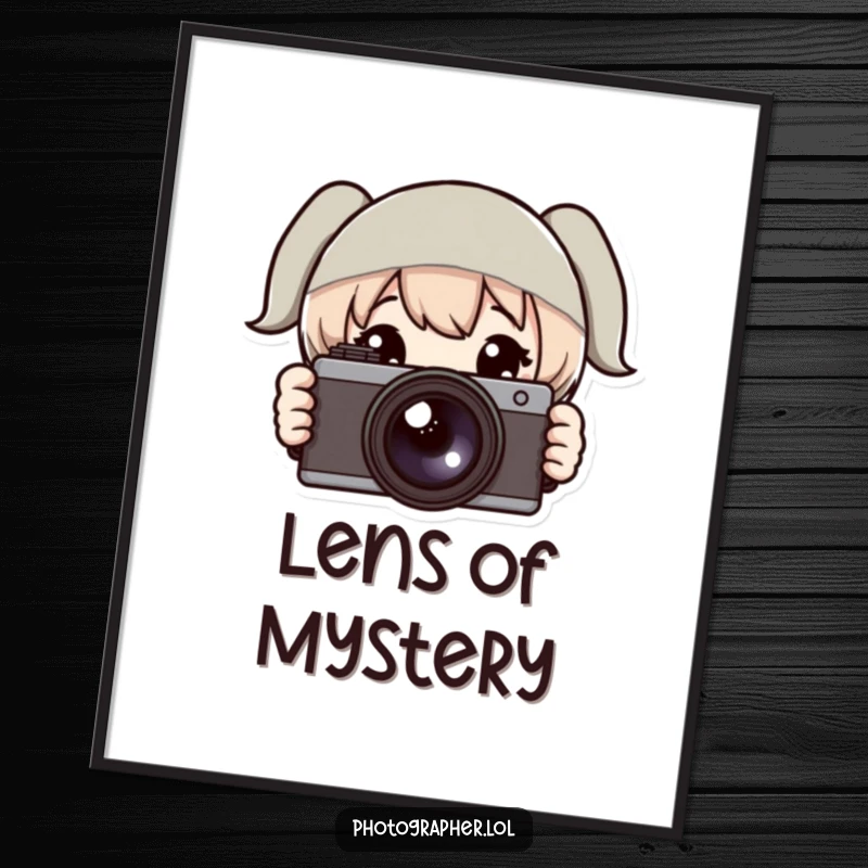 Funny digital art print of a character peeking with wide eyes from behind a camera, offering instant humorous decor for photography enthusiasts.