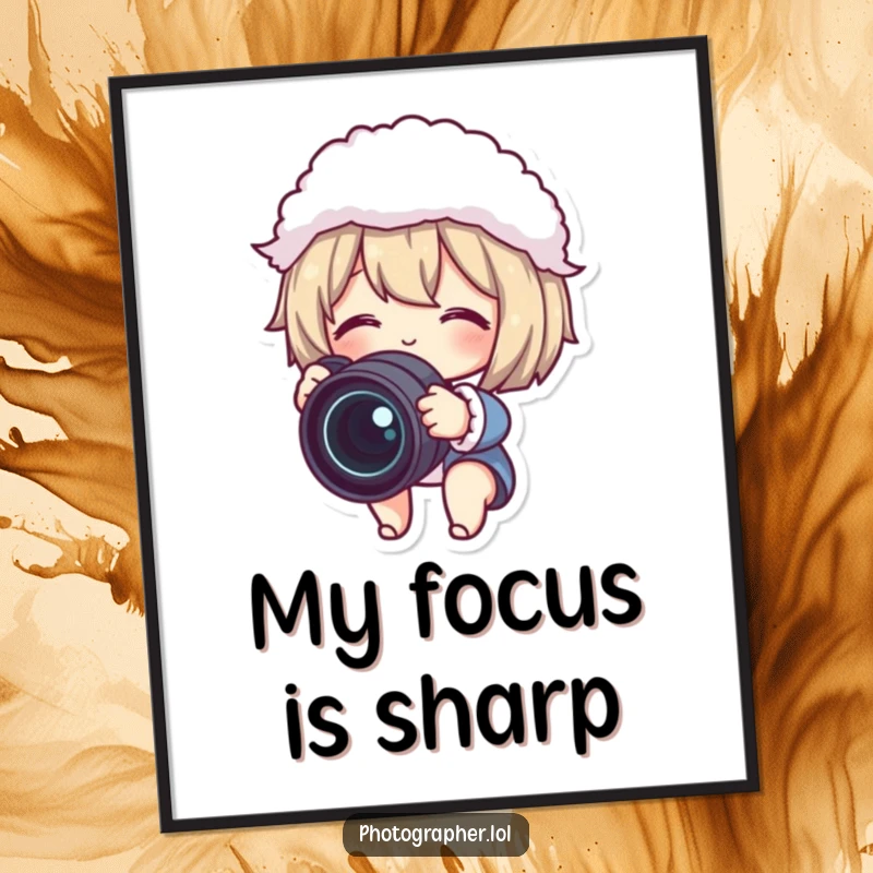 Funny digital art print of a cute character gleefully adjusting a camera lens with a fluffy lens cap, creating humorous photographic art.