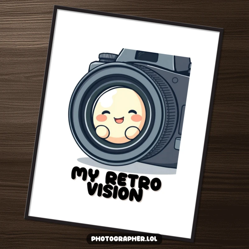 Funny digital art print of a cute blob character giggling as it peeks through a vintage camera lens, capturing playful, retro photographic fun.