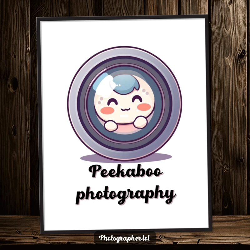 Funny blushing character peeking from behind a large camera lens, digital art download for instant humorous decor.