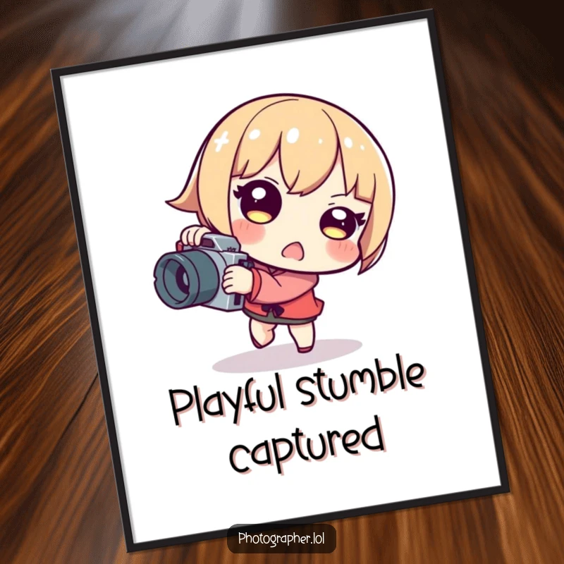 Funny tripping photographer digital art print of a character stumbling with a camera, displaying a surprised and playful expression.
