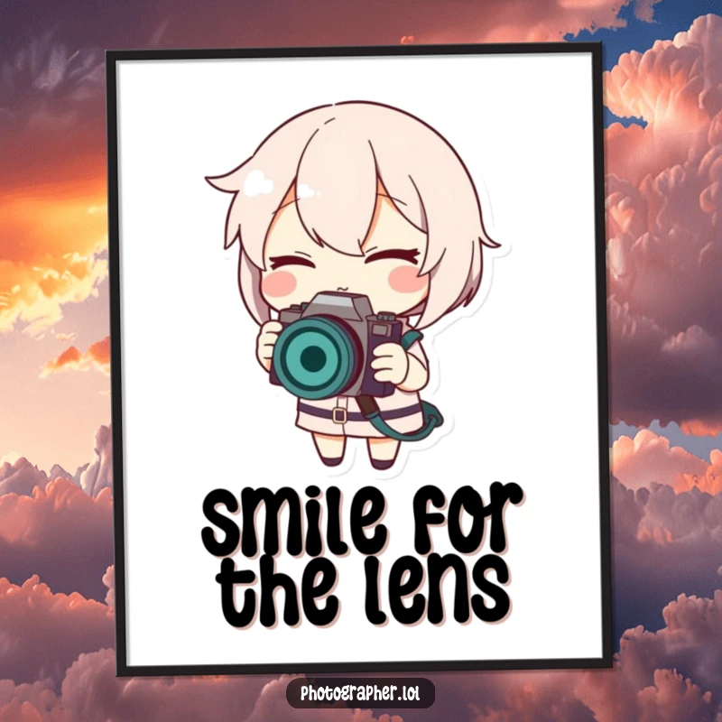 Funny digital art print of a winking character adjusting a camera strap, perfect for instant, humorous wall decor.