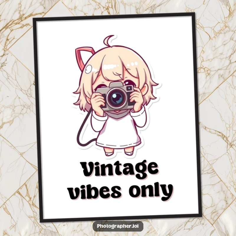 Funny digital art print of a character enthusiastically using a vintage camera, perfect for instant, humorous home decor.