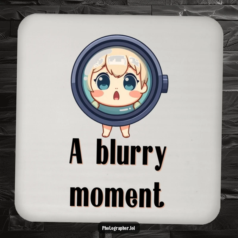 Funny Drink Coaster with a surprised character peeking from behind a large lens, adding a humorous touch to tabletops.