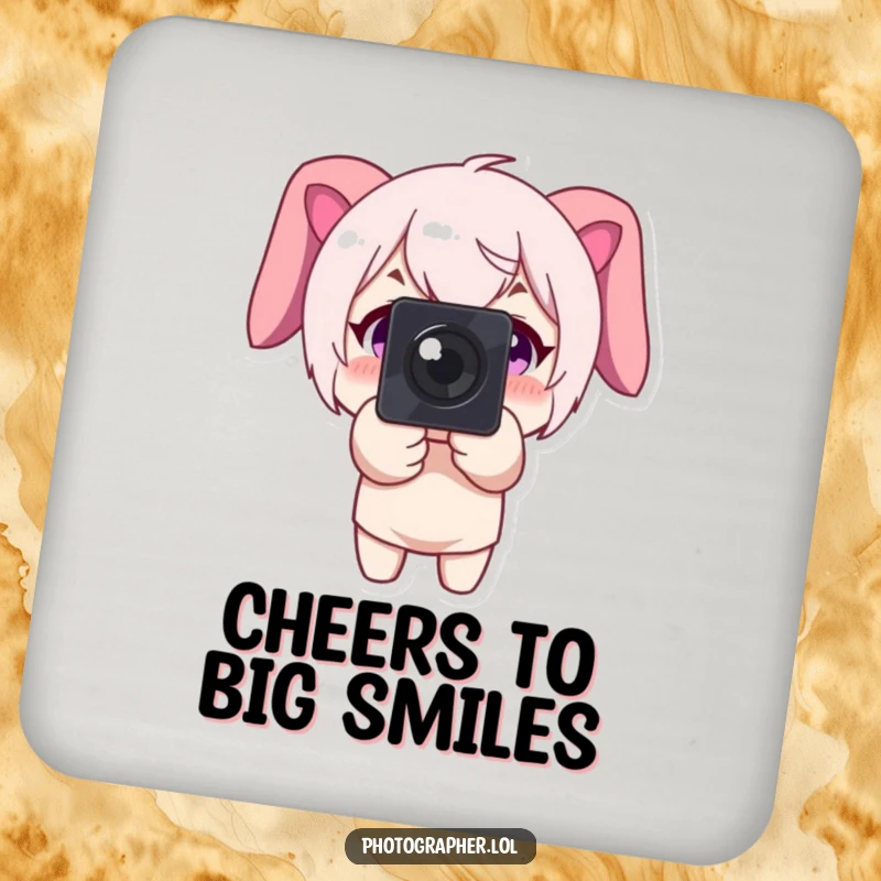Funny coaster design of a character pointing a camera forward with a big smile, protecting surfaces with joy.