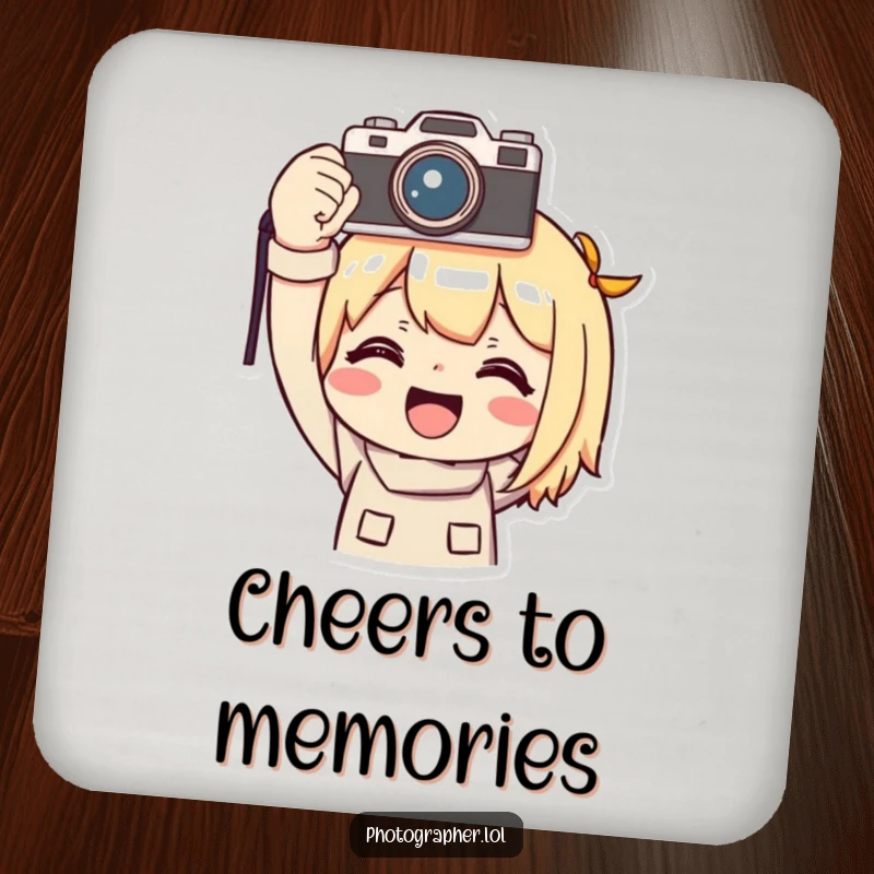 Funny photographer coaster, a character smiling triumphantly holding a camera overhead, providing humorous protection for surfaces.