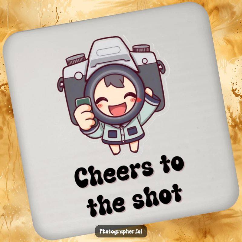 Funny drink coasters featuring a character happily pressing a camera shutter, adding a playful and photographic touch to home decor.