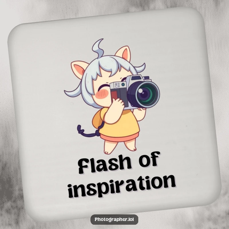 Funny Drink Coaster with a cute character joyfully holding a camera and flash, adding a charming touch to tabletops.