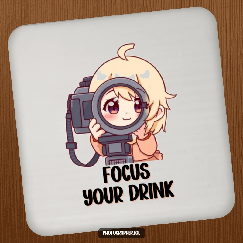 Funny drink coaster featuring a character looking through a camera viewfinder with a focused but cheerful expression, perfect for photographers.