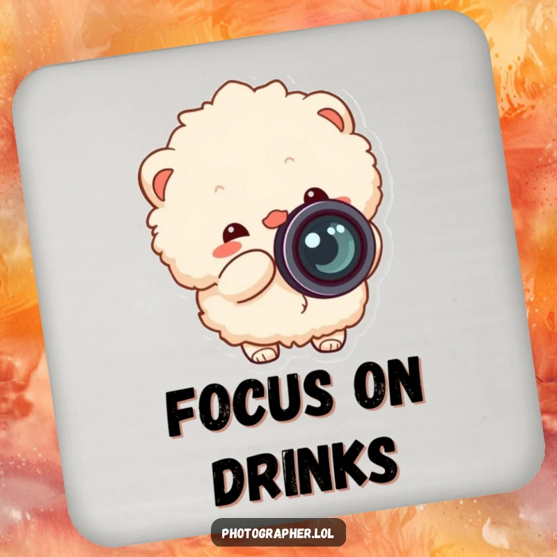 Funny fluffy photographer drink coaster, protects surfaces with a cheerful character snapping a camera, lens cap flying off.