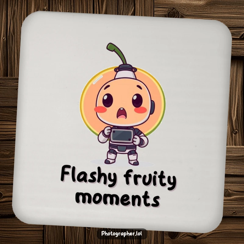 Funny drink coasters featuring a surprised fruit item being photographed by a tiny robot, adding a touch of quirky humor to any surface.
