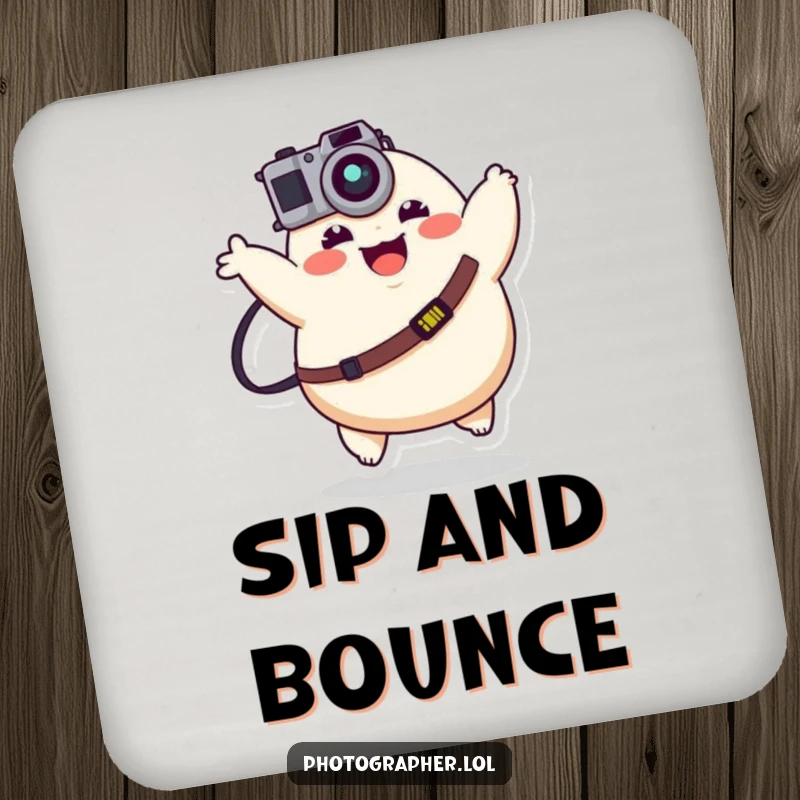 Funny plump character joyfully bouncing with a camera strap, a humorous and protective drink coaster.