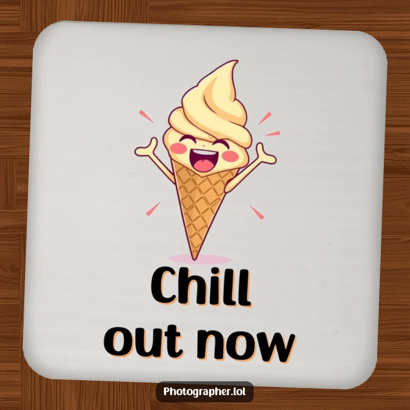 Funny drink coasters featuring an enthusiastic ice cream cone striking a dramatic pose, adding a touch of sweet humor to any surface.