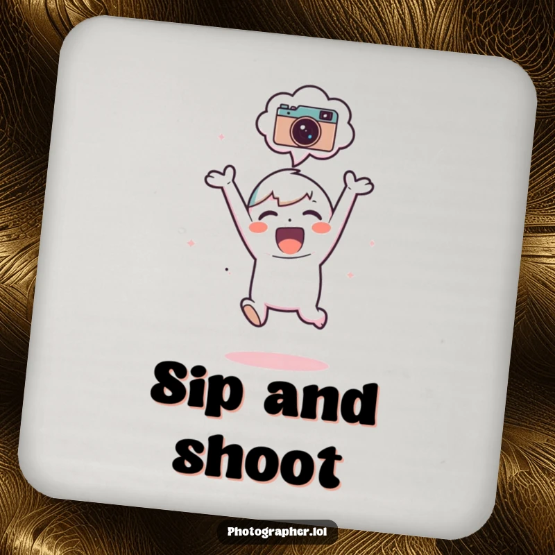 Funny Drink Coaster: An adorable subject jumps for joy, a camera icon in their thought bubble, protecting surfaces.