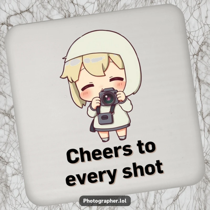 Funny coaster design of a character adjusting a camera strap with an excited expression, protecting surfaces.