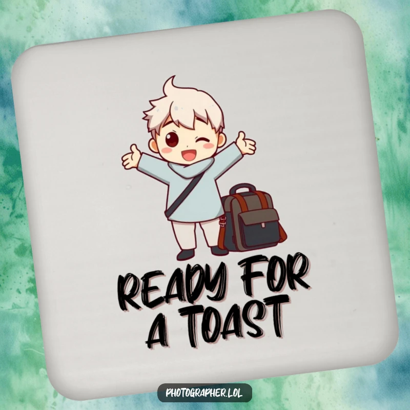 Funny drink coaster with a character striking a dramatic pose with arms outstretched next to a camera bag, humorous accessory.