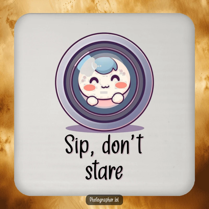 Funny blushing character peeking from behind a camera lens, a humorous and protective drink coaster.