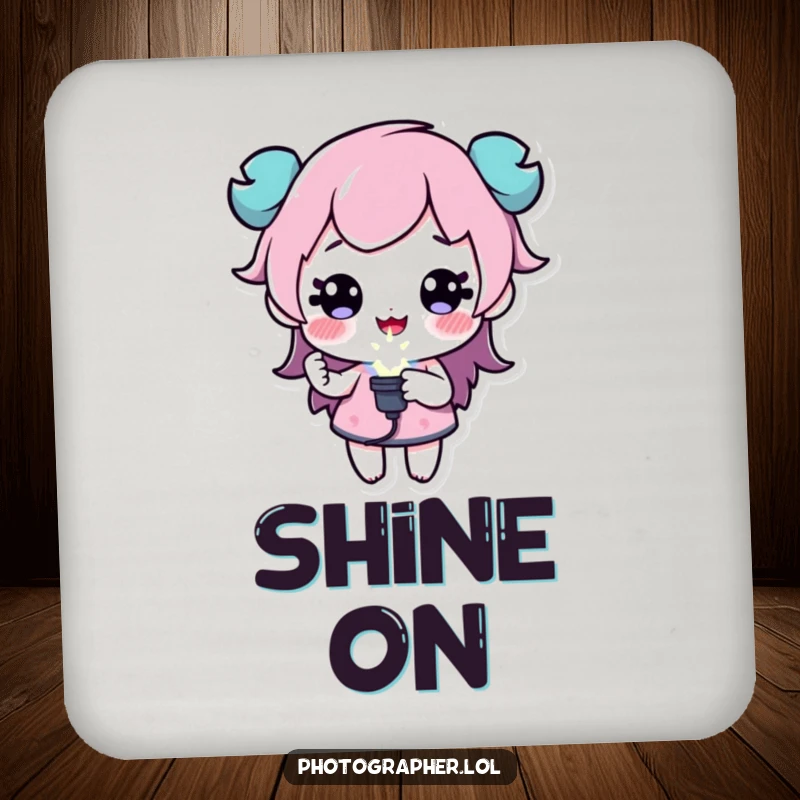 Funny coaster with a character holding a sparkling flash bulb, protecting surfaces with creative charm, a great funny gift.