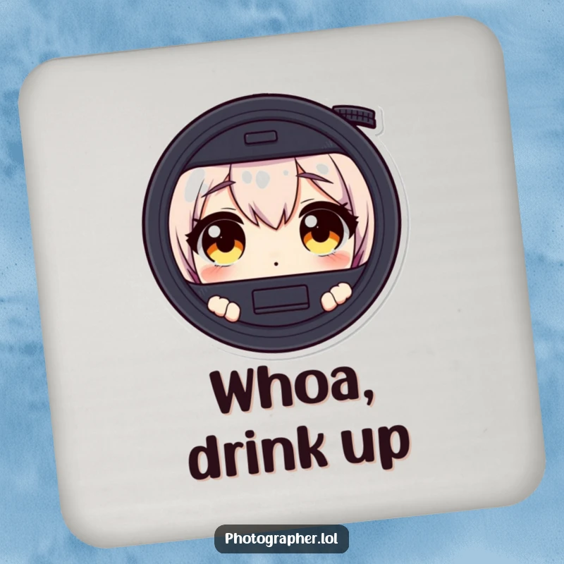 Funny drink coaster showing a character's wide, surprised eyes looking through a camera viewfinder, perfect for camera lovers.