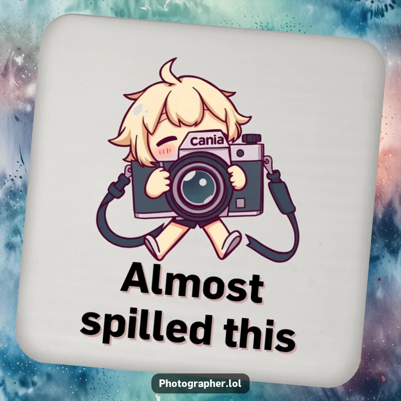 Funny drink coasters featuring a character tripping over a camera strap, flailing comically, protecting surfaces.