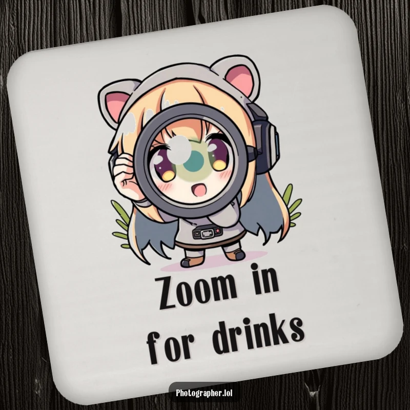 Funny drink coasters featuring a character zooming in with a comically exaggerated lens, protecting surfaces with style.