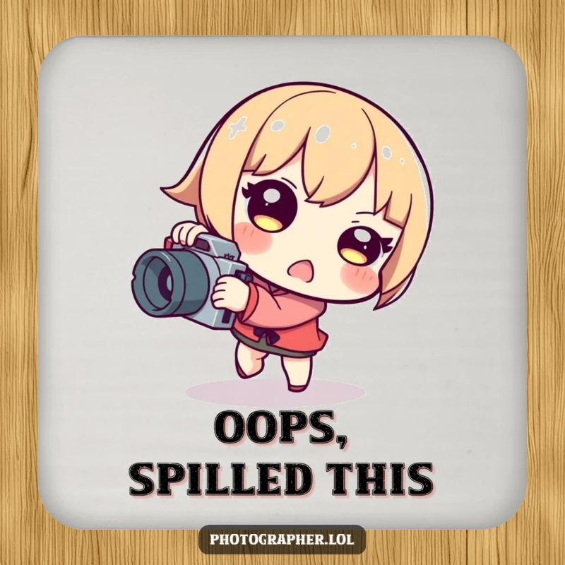 Funny tripping photographer coasters with a character stumbling while holding a camera, adding humorous protection to drink service.