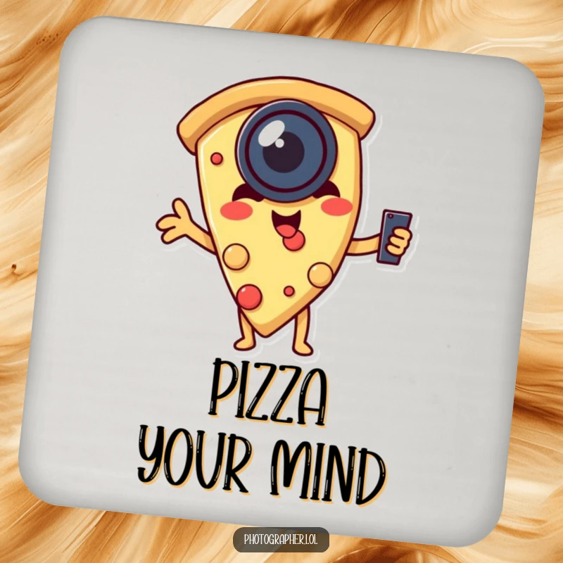 Funny drink coasters featuring a pizza slice wearing a lens and taking a selfie, adding a touch of cheesy humor to any table.