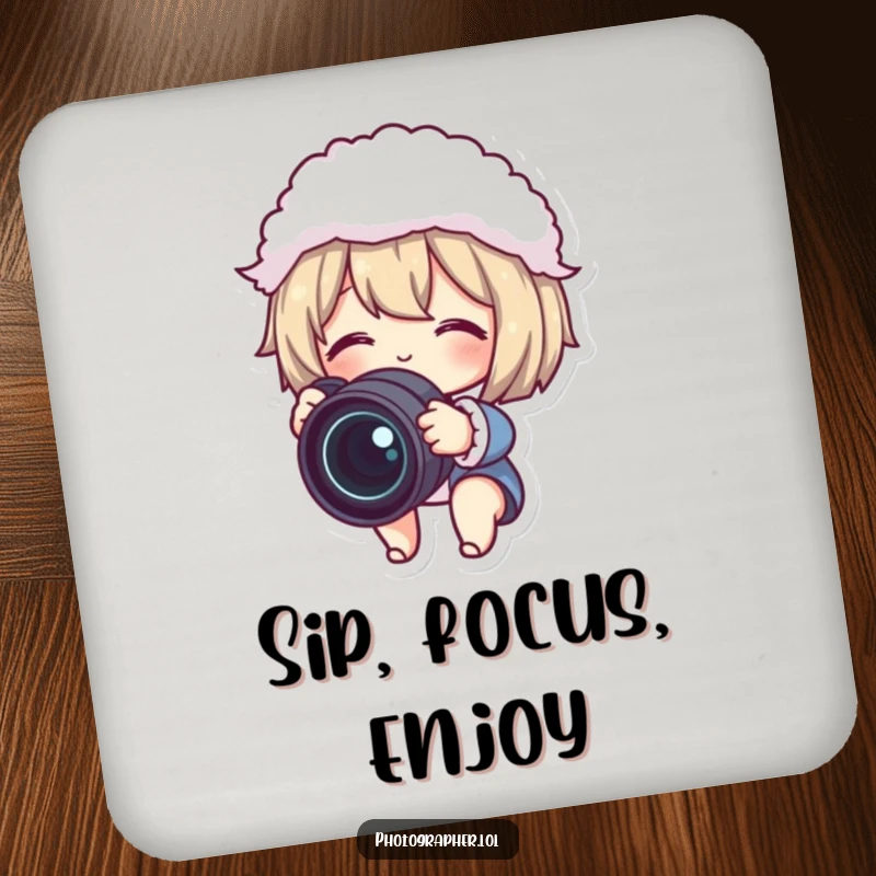 Funny drink coaster featuring a cute character gleefully adjusting a camera lens with a fluffy lens cap, a humorous desk accessory.