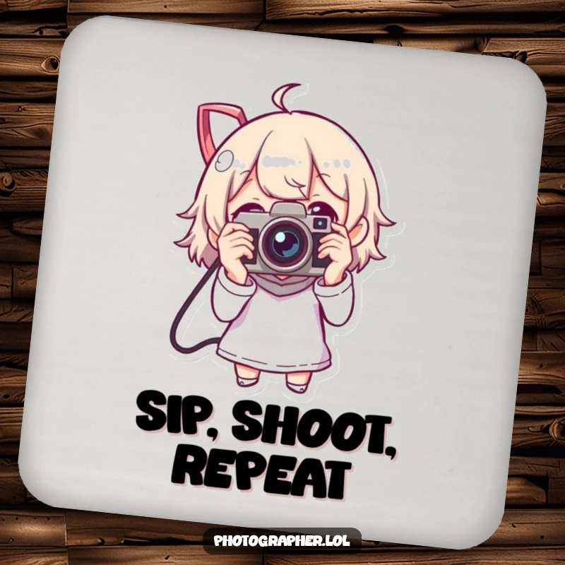 Funny drink coasters showcasing a character using a vintage camera, perfect for protecting furniture with a humorous twist.