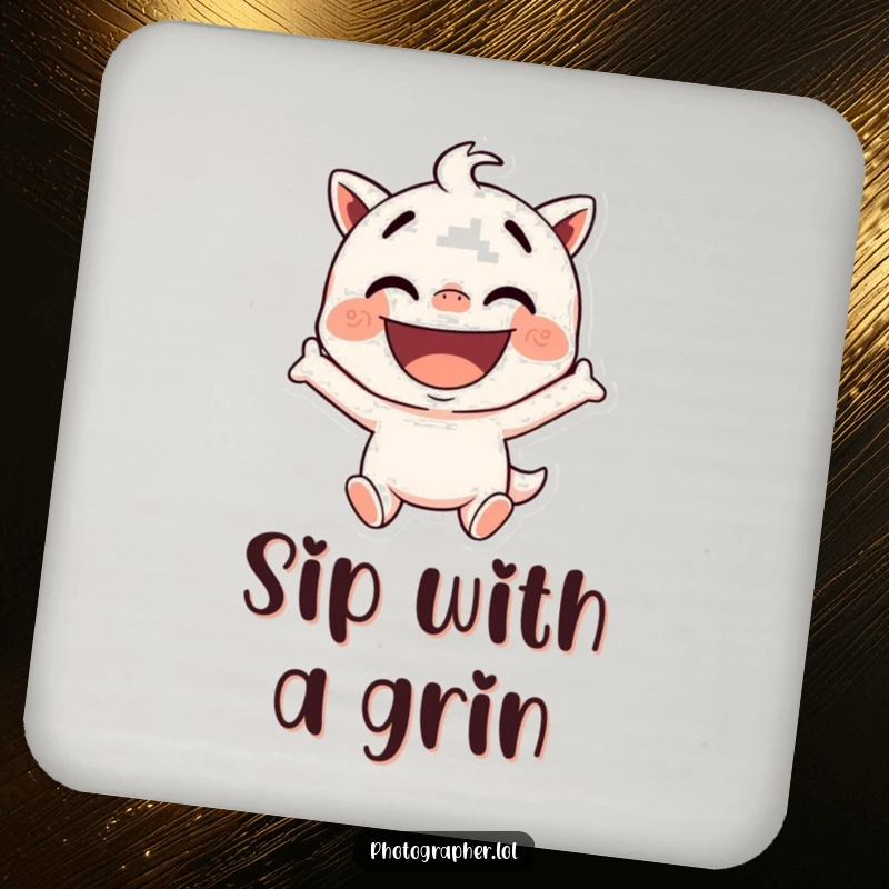 Funny drink coaster featuring a character striking a silly pose with a wide, excited grin, perfect for protecting surfaces with a humorous touch.