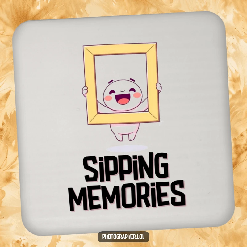 Funny Drink Coaster: A beaming kawaii character holds a colorful photo frame, protecting surfaces with charm.