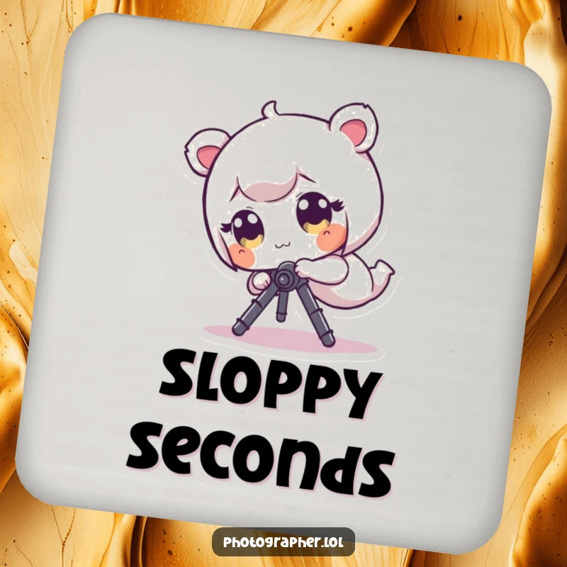 Funny Drink Coaster: A tiny character with wide eyes comically tumbles while tripping over a camera tripod.