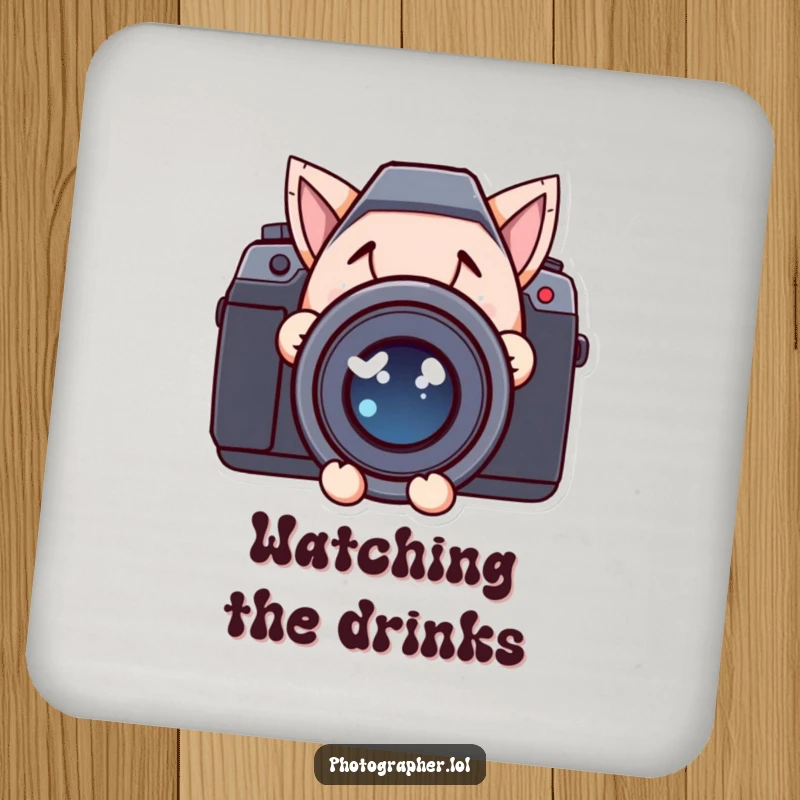 Funny drink coaster with a character's mischievous grin peeking from behind a large camera lens, protecting tables.