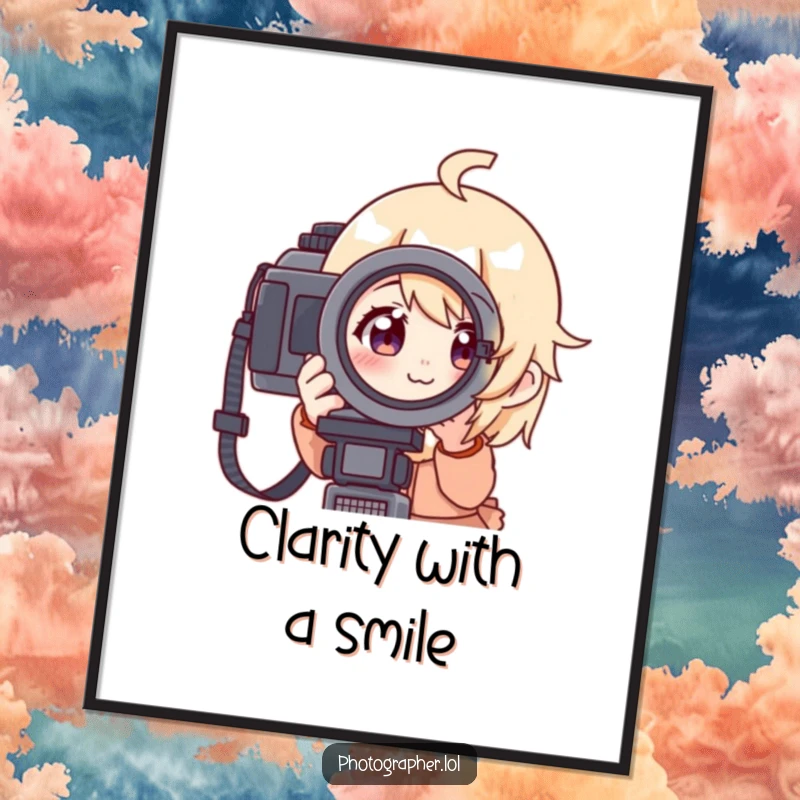 Funny poster of a character looking through a camera viewfinder with a focused and cheerful expression, inspiring wall art for photography lovers.