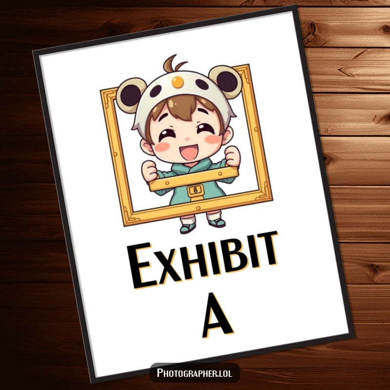 Funny poster art showcasing a proud character beaming while displaying a perfectly framed photograph, celebrating creative accomplishment.