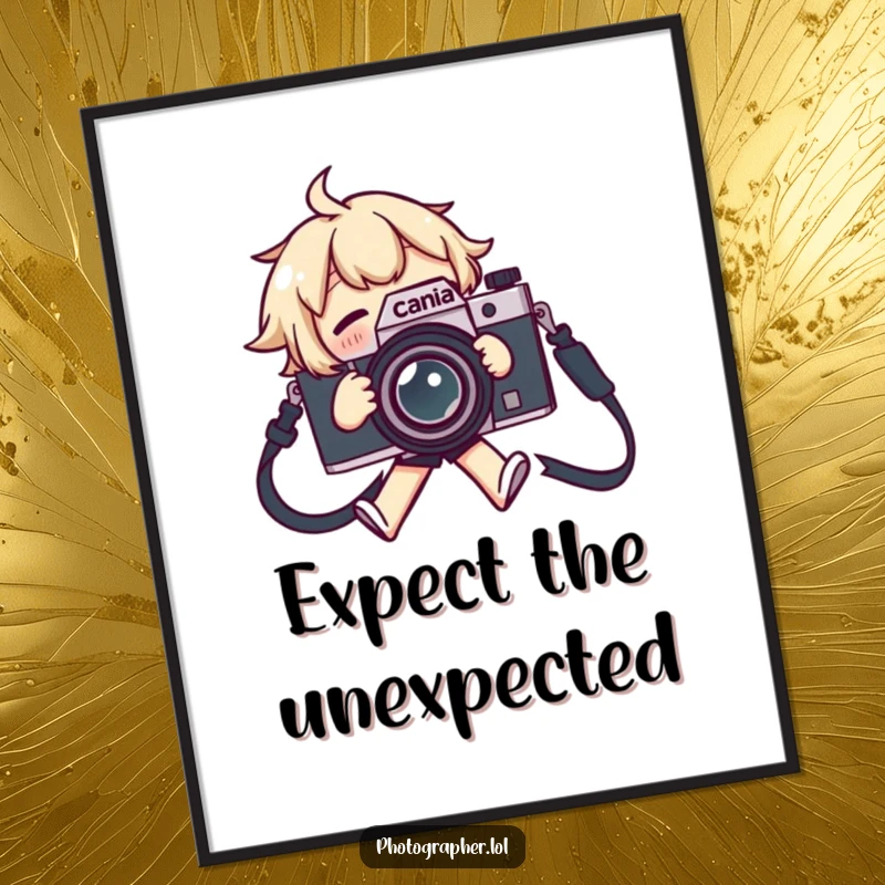 Funny poster art of a character tripping over a camera strap, flailing comically, a relatable mishap.