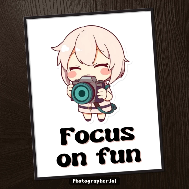 Funny poster of a character winking and smiling while fine-tuning a camera strap, adding humor to decor.