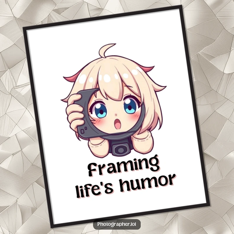 Funny poster showing a character excitedly framing a shot, peeking through a viewfinder with wide eyes, celebrating photography's focus.