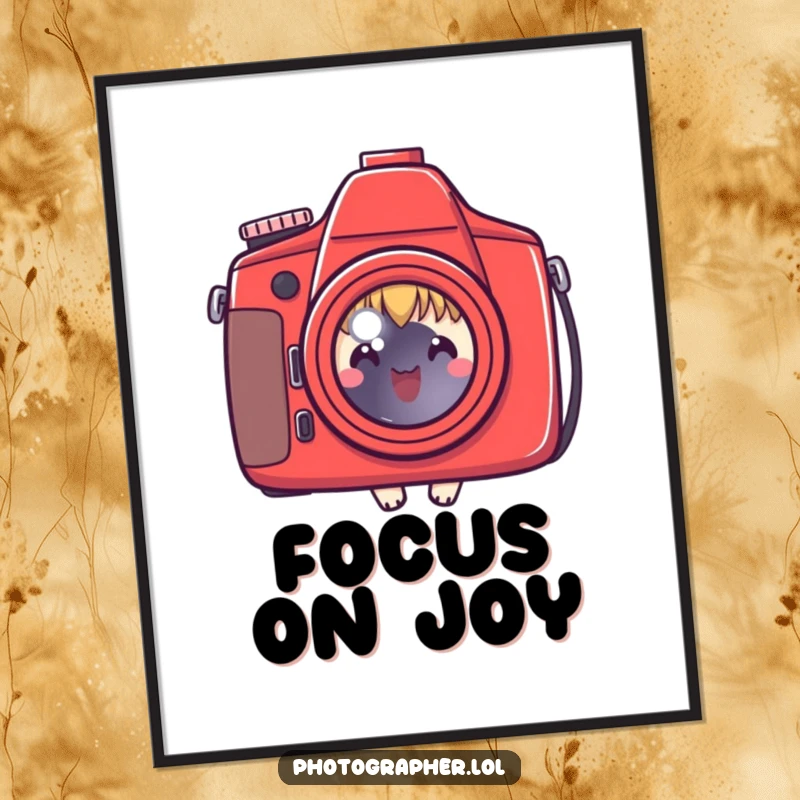 Funny poster of a cute character peeking behind a red camera, charming art for photo lovers, a great funny gift.