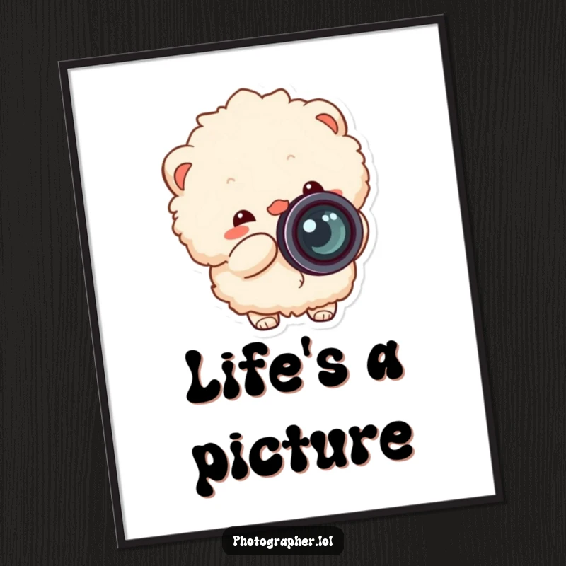 Funny fluffy photographer poster, cheerful character happily snapping a camera shutter, lens cap flying off.